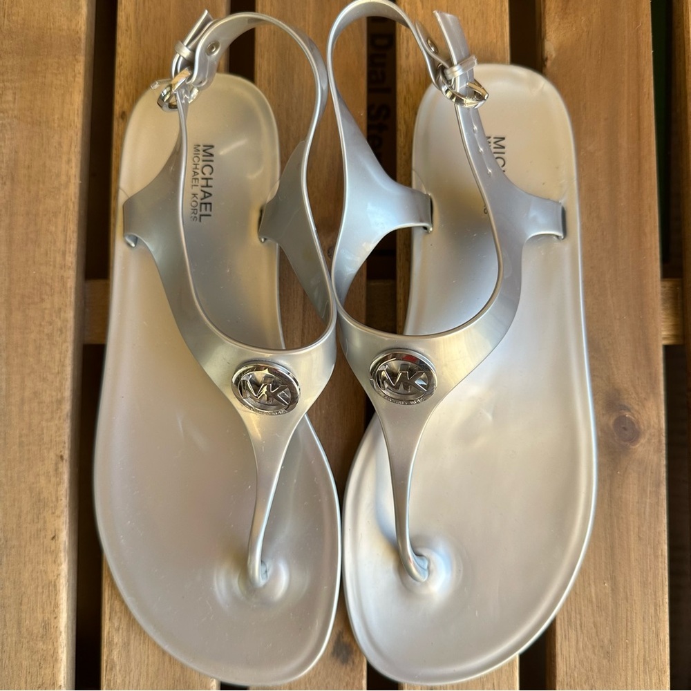 Michael Kors Silver MK Logo Jelly Ankle Strap Sandals - Picture 2 of 7